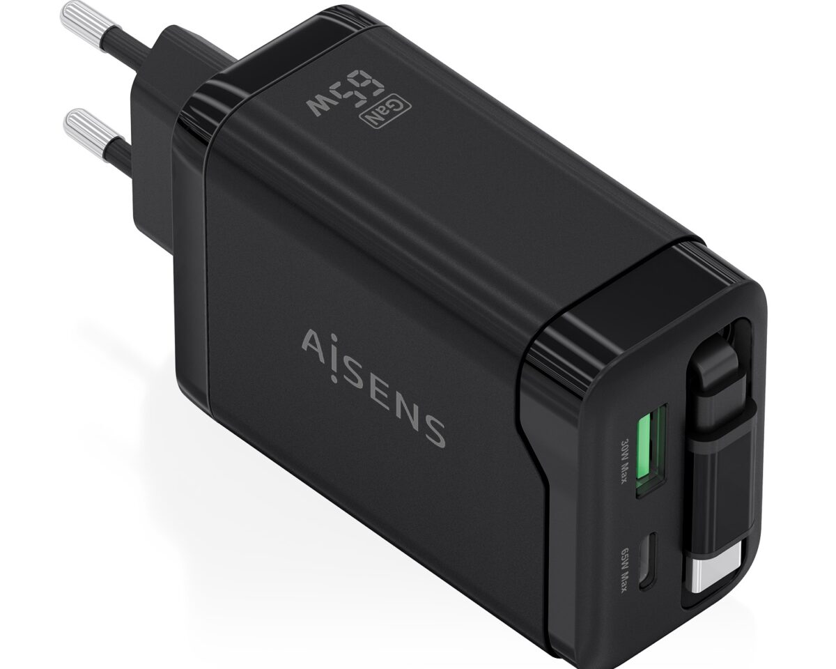 Alternative view of Cargador AISENS GaN 65W 1xUSB-A 1xUSB-C Cable Retráctil