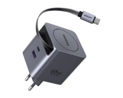 Cargador Ugreen GaN 65W Cable Retráctil Gris (65825)