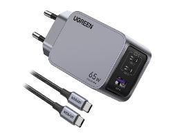 Cargador Ugreen GaN 65W 1xUSB-A 2xUSB-C Gris (25871)